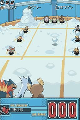 Dieser Screenshot zeigt das Minispiel "Schneeschlacht" des Pokéathlons in HeartGold und SoulSilver.