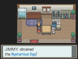 Dieser Screenshot zeigt, wie Mr. Pokémon in seinem Haus auf Route 30, dem Spieler das Rätsel-Ei übergibt.