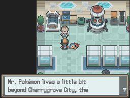 Dieser Screenshot zeigt, wie Prof. Lind den Spieler bittet, zu Mr. Pokémon zu gehen.