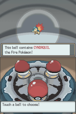 Dieser Screenshot zeigt den Auswahlbildschirm für die Starter-Pokémon in HeartGold und SoulSilver.